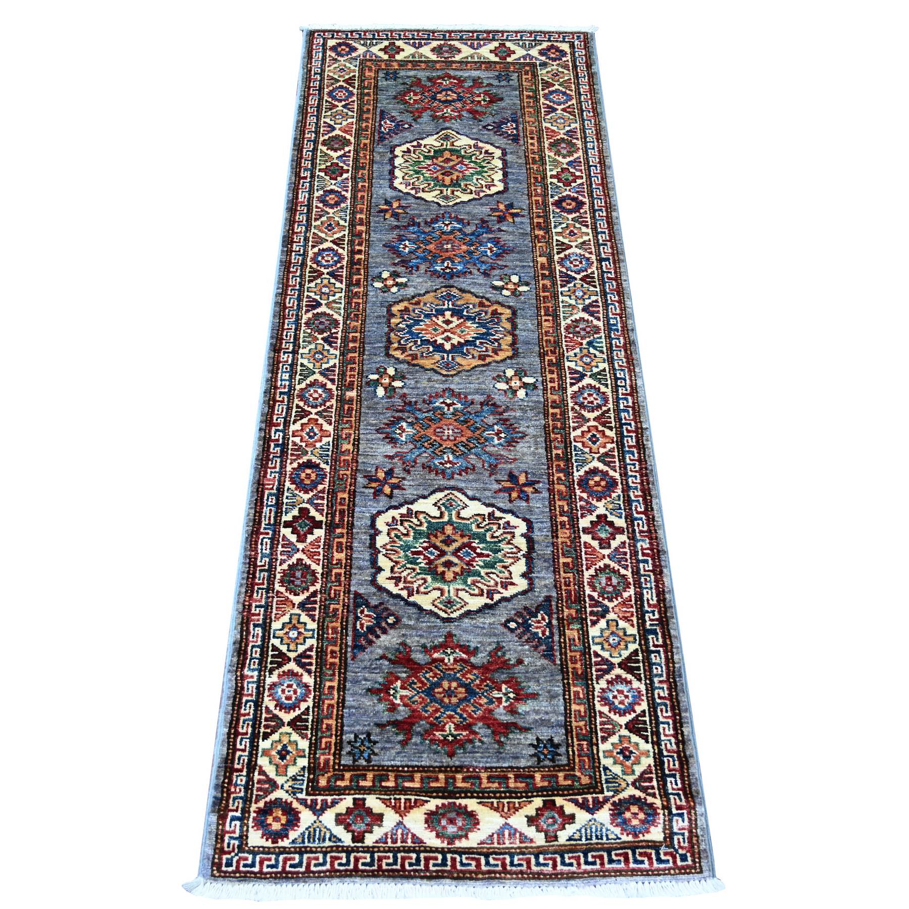 Nevada Gray, Afghan Super Kazak with Tribal Medallions Design, Hand Knotted, Pure Wool, Vegetable Dyes, Short & Narrow Runner, Oriental Rug